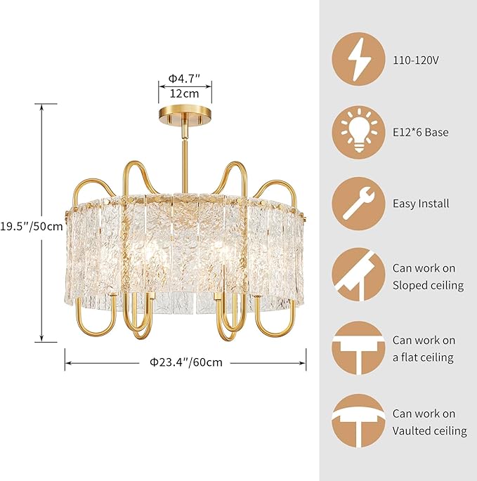 Shrine Lighting Gold Chandeliers, Modern Luxury Style, Perfect Glass Chandeliers for Living Space, D23.4'' × H19.5'', 6 x E12 Sockets, Glass Shade & Brass Finish Frame