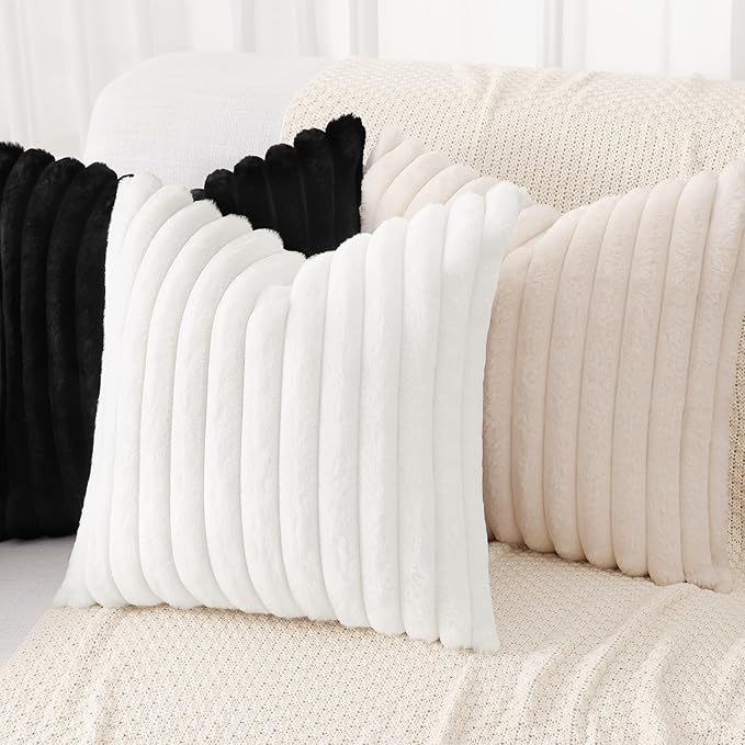 decorUhome Faux Fur Christmas Throw Pillow Covers 18x18 Set of 2, Decorative Soft Plush Striped Neutral Couch Euro Pillow Covers with Velvet Back for Sofa, Bed, Living Room Home Decor, White