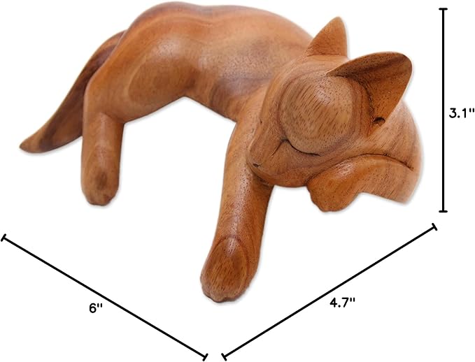 NOVICA Handmade Suar Wood Sculpture | Artisan Crafted Natural Finish | Rustic Home Decor Accent | Carved Arborvitae | Animal Themed ' Relaxed Cat' 4.7" H x 6" W x 3.1" D