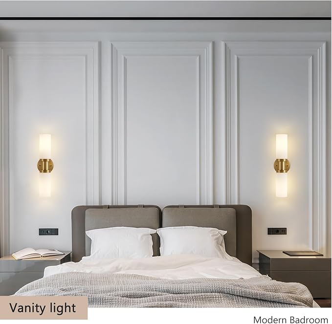 Brushed Gold Wall Sconces, 17.5 inch Modern Wall Sconces Lighting with Milk White Glass Shade, Gold Vanity Light Wall Lamp for Mirror Bathroom Kitchen Living Room