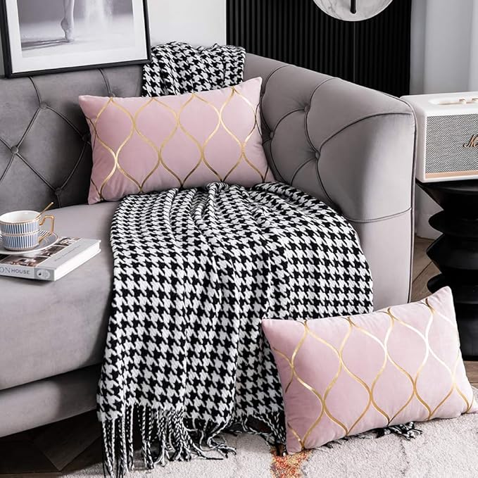 Gold Velvet Throw Pillow Covers: 2 Pack 12x20 Inch Rectangular Decorative Pillow Cases for Bedroom Sofa Couch Living Room, Pink