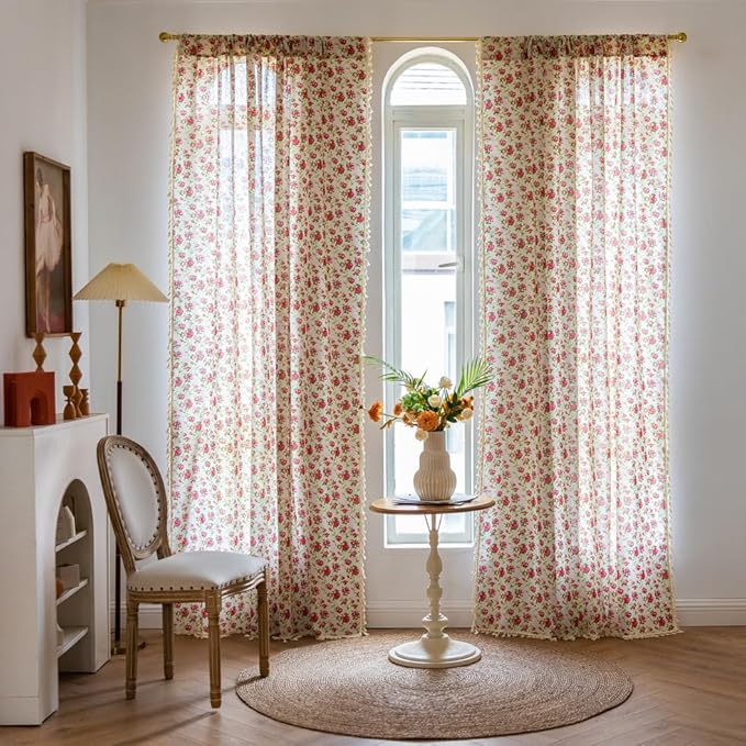 OYX Boho Curtains 63 Inch Length 2 Panels for Living Room, Bedroom Light Filtering Drapes, Farmhouse Vintage Country French Rustic Tassels Pattern Rod Pocket Aesthetic Decor Window Treatments