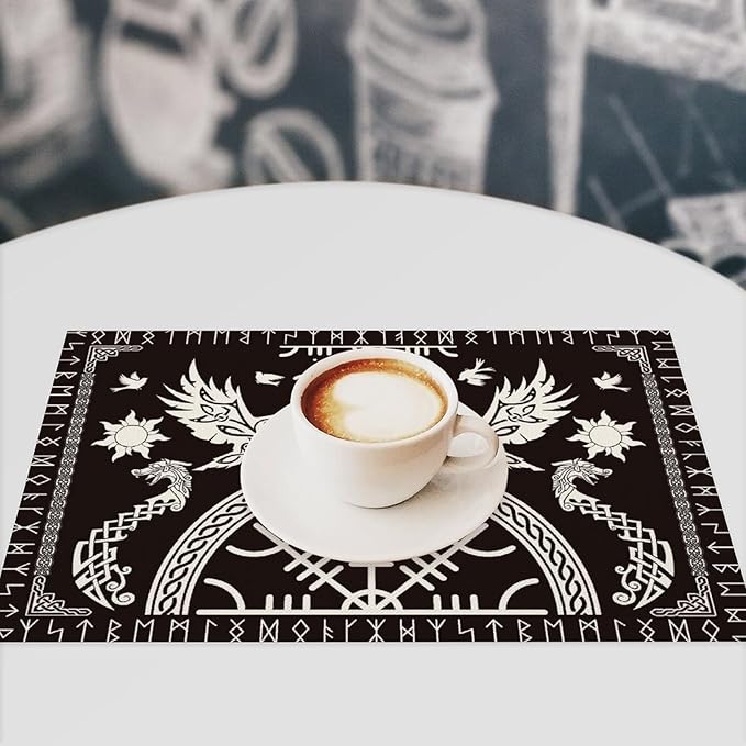 Black Viking Placemat Set of 4, 12x18 Inch Rustic Tree of Life Nordic Mythology Raven Helmet of Awe Dragon Animal Vintage Coffee Table Mats for Outdoor Farmhouse Kitchen Dining Table Decoration