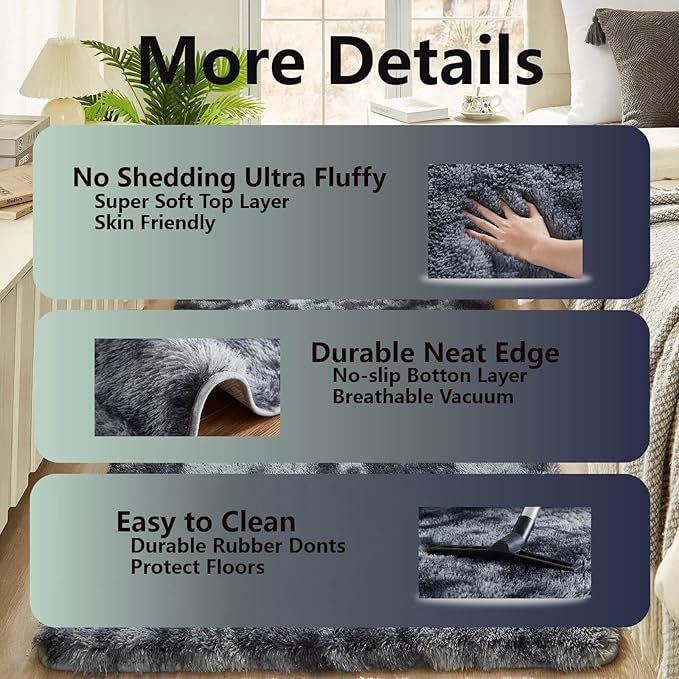 Floralux 9x12 Shag Rug for Living Room, Tie-Dyed Dark Grey, Soft Area Rugs for Bedroom, Large Fluffy Shaggy Carpets