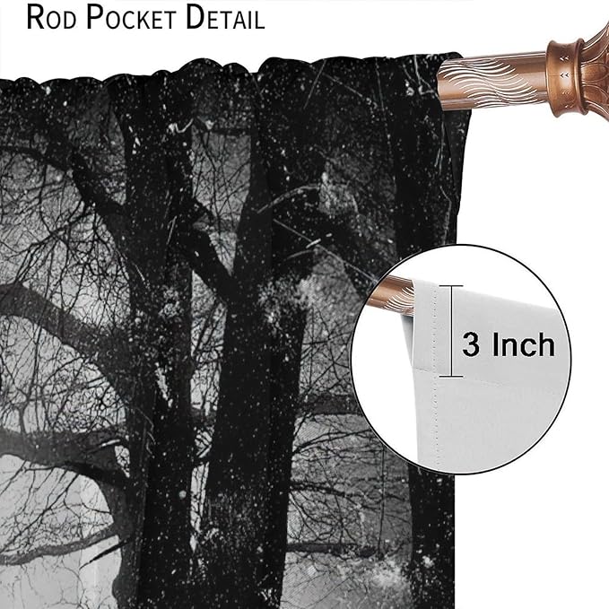 Gothic Forest Blackout Curtains, Foggy Forest Dead Trees Crow Halloween Style Black White Scary Print Window Treatments, for Bedroom Living Room 31.5(W)*63(L) 2 Panels