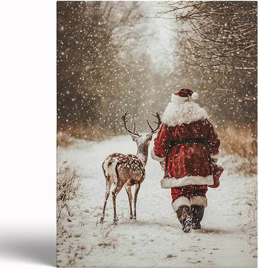Santa Claus Reindeer Wall Art Print,Forest Snowfall in Winter Print,Christmas Home Decor,Deer Christmas Print
