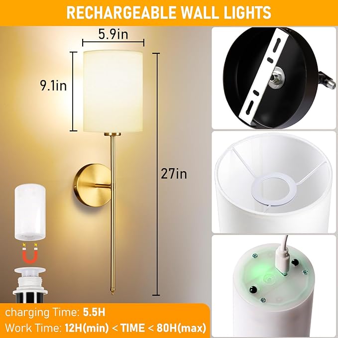 Battery Operated Wall Sconce Set of Two, Rechargeable Wireless Sconces with Dimmable Detachable Magnetic Bulbs and Remote, 15 Colors Wall Lights for Bedroom Living Room Hallway Fireplace