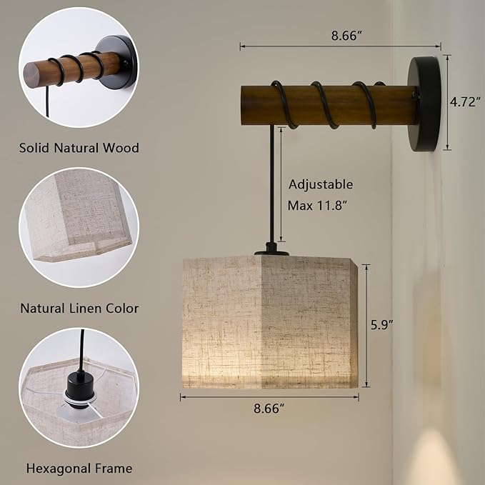 Battery Operated Wall Sconces Set of 2, Modern Rechargeable Wall Mounted Lamps with Remote Control, Adjustable 3 Colors Dimmable Wall Lights for Bedroom, Wooden Arm, Hexagonal Fabric Shade