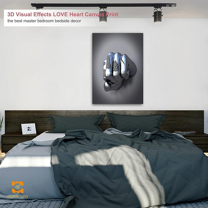 3D Metal Effect Wall Art - Abstract 3D Canvas Wall Art, 3D Modern Wall Art for Office, Silver Boxer Gesture3D Art Wall Decor for Modern Bedroom Decor Framed 28”x40”x1Pcs