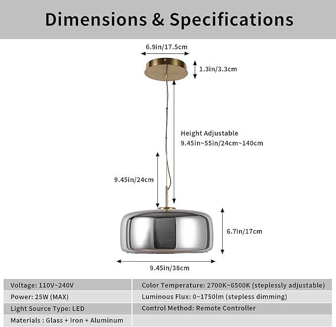 Modern Glass LED Pendant Light with Remote,15'' Stepless Dimmable & CCT Adjustable Hanging Height, 25W Modern Gold Finish for Dining Room, Living Room, Bedroom, Ash Gray