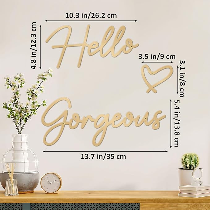 Hello Gorgeous Metal Wall Art Decor Gold Modern Hello Gorgeous Signs Farmhouse Metal Wall Art Hanging Decoration for Bathroom Living Room Bedroom Office Hotel Home Wall Decoration (Gold)