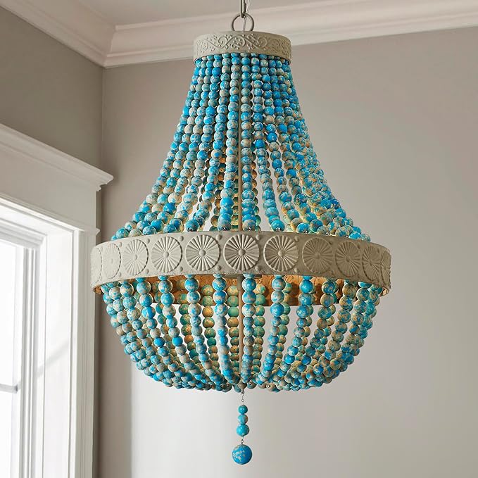 Saint Mossi Farmhouse Chandeliers, Vintage Design Wood Bead Pendant Light Fixture, D18 x H26, Adjustable 60" Chains, 4 x E12 Sockets, Rustic Blue Finish Bead & Dirt Grey Finish Metal Frame