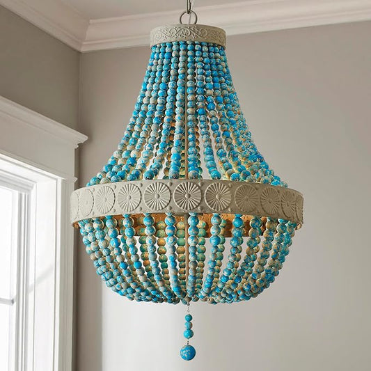 Saint Mossi Farmhouse Chandeliers, Vintage Design Wood Bead Pendant Light Fixture, D18 x H26, Adjustable 60" Chains, 4 x E12 Sockets, Rustic Blue Finish Bead & Dirt Grey Finish Metal Frame