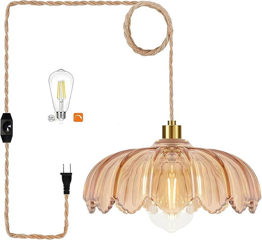 Plug in Pendant Light Hanging Lights with Plug in Cord Mid Century Modern Gold Hanging Lamp Glass Vintage Dimmable Flower Chandelier Ceiling Fixture for Living Room,Kitchen,Boho
