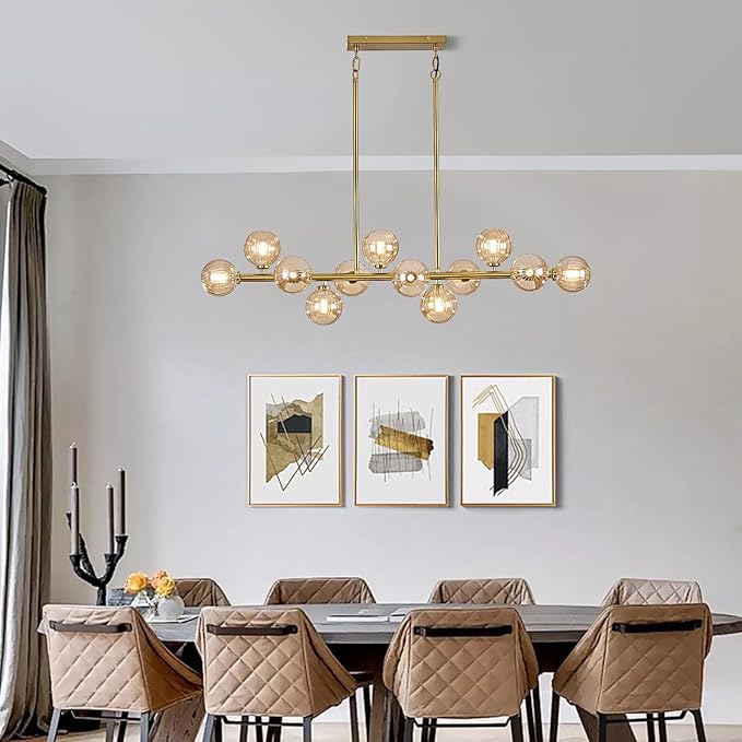 50" Large Sputnik Globe Chandelier, 12-Light Mid Century Modern Light Fixture Over Table, Brass Gold Linear Chandeliers for Dining Room and Kitchen Island (Amber Glass Bubble Shades)