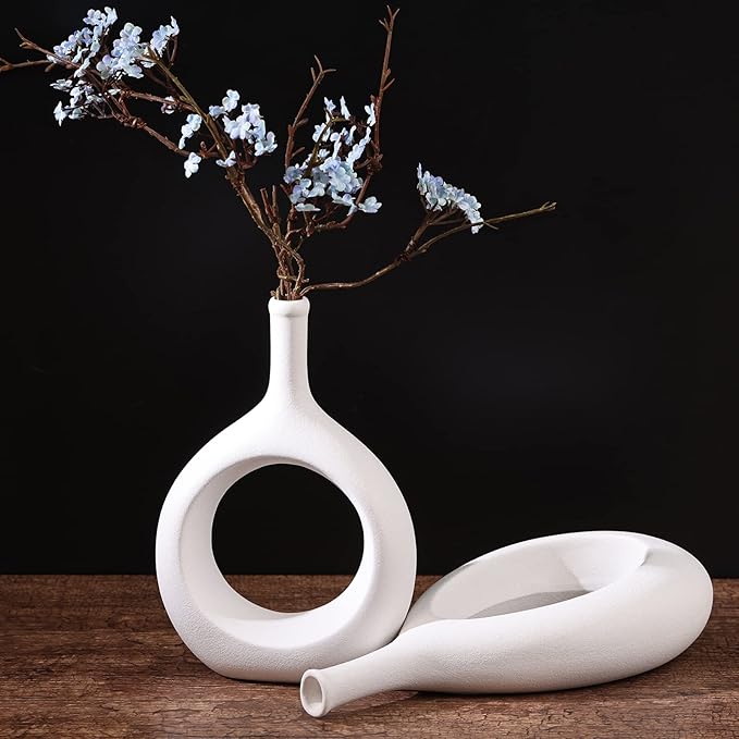 White Ceramic Hollow Elliptical Vase Set of 2 - Boho Circle Vase with Hole, for Modern White Table Decor, Living Room Decor Shelf mid Century Modern Home Entrance Decorative vase
