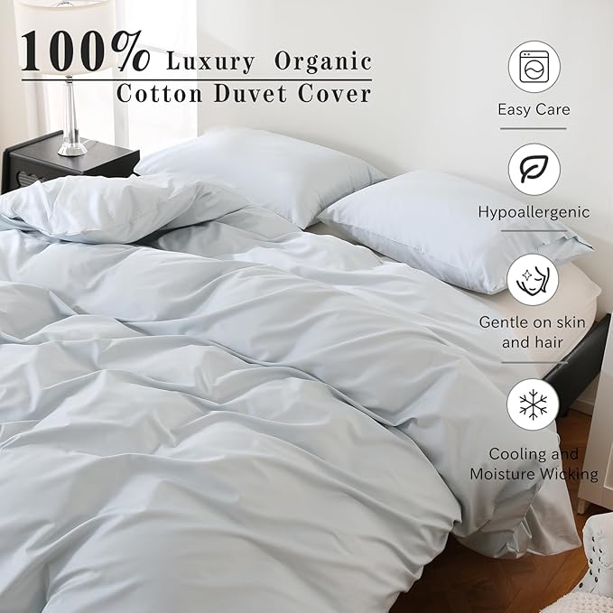 100% Organic Cotton Duvet Cover Queen Size 400 Thread Count Sateen Comforter Cover Soft and Breathable Cooling Bedding Set 3 Piece（Light Blue,Queen）