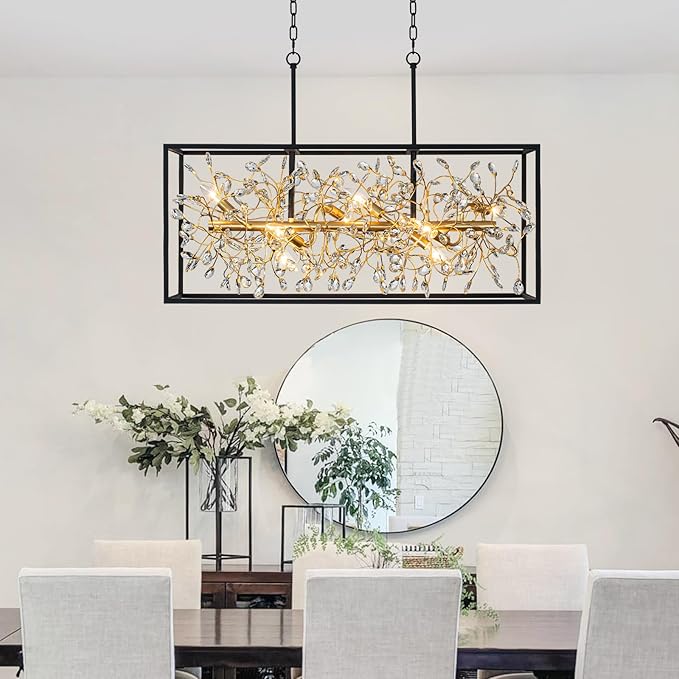 Vezzio Black and Gold Chandelier, 8-Light Rectangle Crystal Chandeliers Rectangular Modern Luxury Pendant Light Fixture for Dining Room Kitchen Island Large, L38.5 Inch
