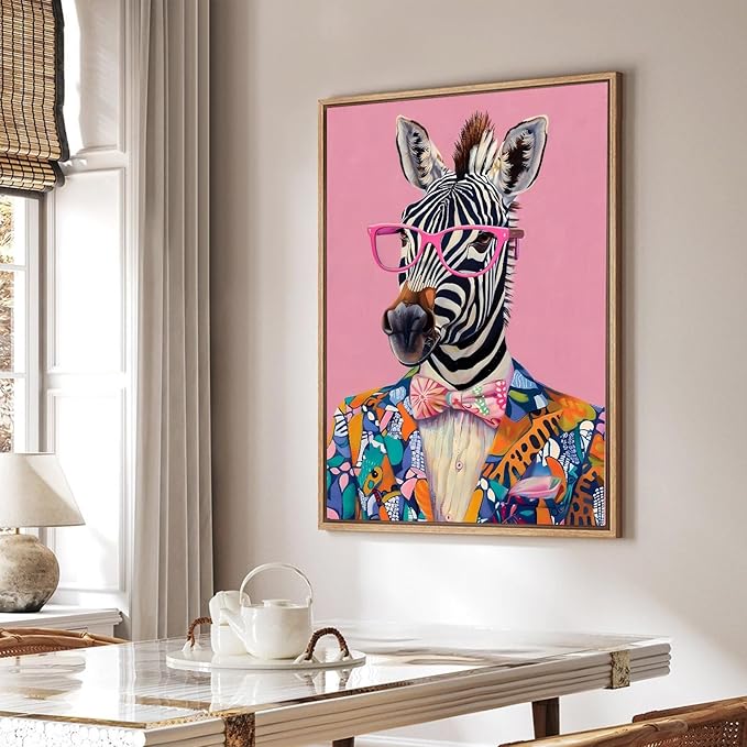 Eeuqiauot Zebra Canvas Wall Art Trendy Pink Poster Zebra with Glasses Wall Art Funny Animal Painting Retro Pink Poster Animal Fashion Picthre for Bedroom 16x24inch Unframed