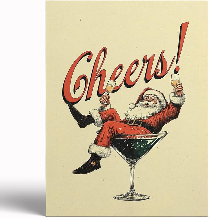 Vintage Christmas Drink Poster,Trendy SantaCheers Prints,Holiday Bar Artwork,Vintage Christmas Cocktail Art,Bar Cart Print,Retro Kitchen Xmas Decor