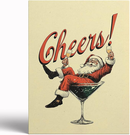 Vintage Christmas Drink Poster,Trendy SantaCheers Prints,Holiday Bar Artwork,Vintage Christmas Cocktail Art,Bar Cart Print,Retro Kitchen Xmas Decor