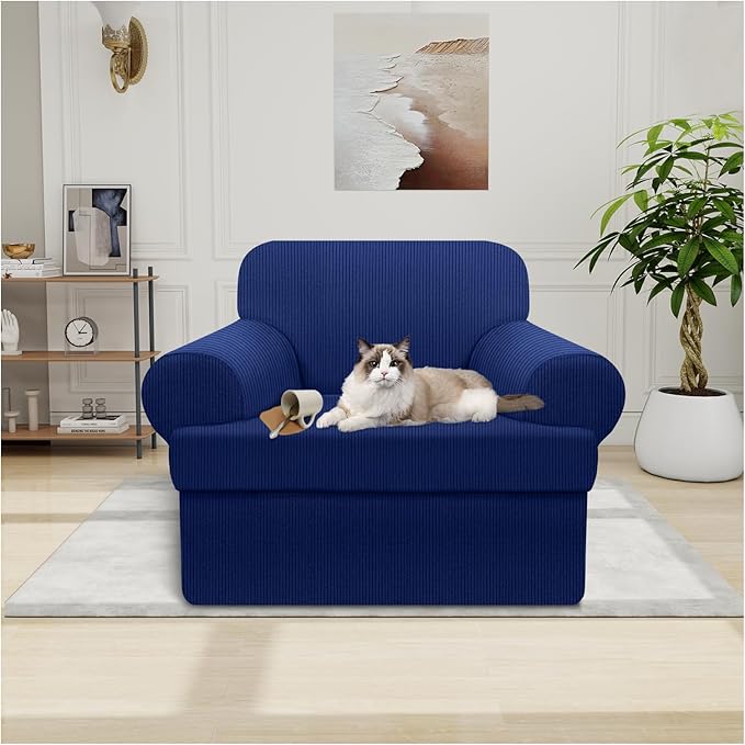 Waterproof Chair Cover with Arms 2-Piece Set Striped Slipcover for 1 Separate T Cushion Couch - TPU Fabric Armchair Covers Leakproof Couch Protector for Kids, Pets(Chair, Navy)