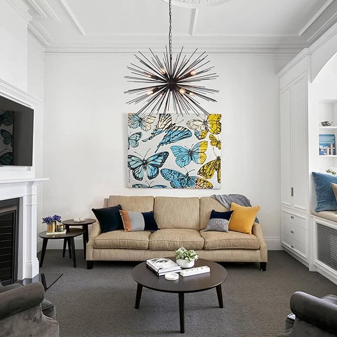 29.13" Large Black Sputnik Chandelier Vintage Geometric Starburst Chandelier Light Modern Solid Metal Firework Chandeliers for Dining Room, Kitchen Island, Bedroom, Living Room