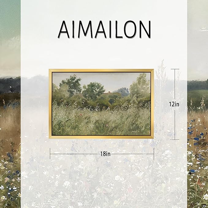 AIMAILON Vintage Gold Canvas Wall Art Framed Decor Retro Rural Scenery Spring Grassland Nature Theme Print Artwork Tranquil Rustic Outskirt Wildflower Landscape Classical Decoration 12x18