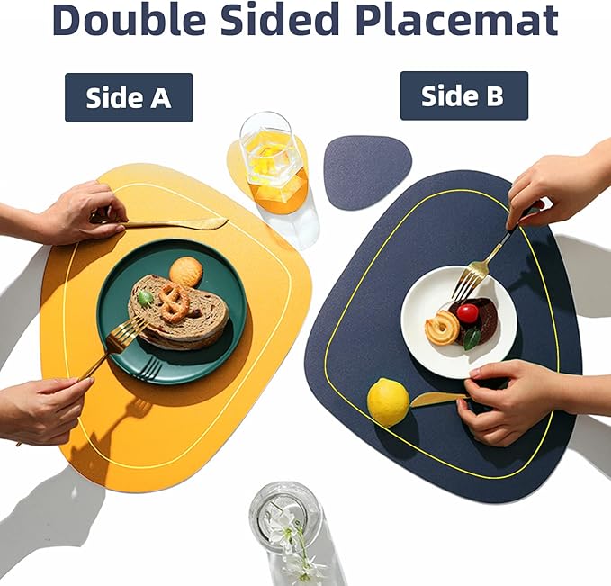 4 Pack Faux Leather Placemats Set,Round PU Dinning Table Mats,Wipeable Easy to Clean Stain Resistant Heat Resistant Waterproof Place Mats Durable Plate Mats for Table Nordic Style(Blue&Yellow)