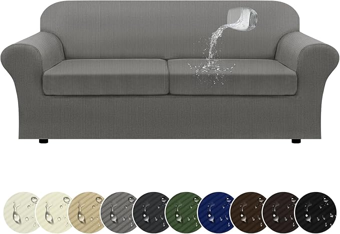 100% WaterproofCouch Cover 3-Piece Set Striped Sofa Slipcovers for 2 Cushion Couch Sofa Covers with TPU Leakproof Bottom Stretch Couch Protector Pet Proof - Sofa(2-Cushion), Gray