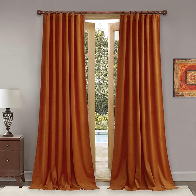 StangH Velvet Curtains 120 inches for High Ceiling Window, Orange Thermal Insulated Light Blocking Home Decor for Living Room, Back Tab, W52 x L120, 2 Panels