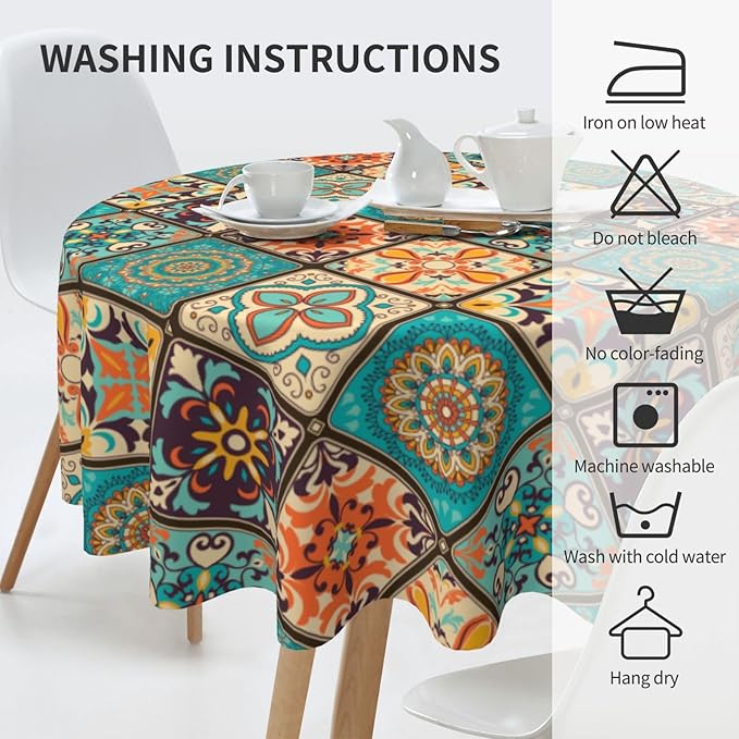 Mexican Ceramic Round Tablecloth, Colorful Talavera Tile Mandala Traditianal Boho Water Resisitant Wipeable Table Cover for Dining Kitchen Living Room Home Party Holiday Decor 60 inch Round