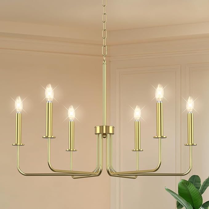 Farmhouse Chandelier, 6-Light Metal Hanging Ceiling Light Fixture for Dining Room, Kitchen Island, Living Room, Entryway, Foyer-Gold
