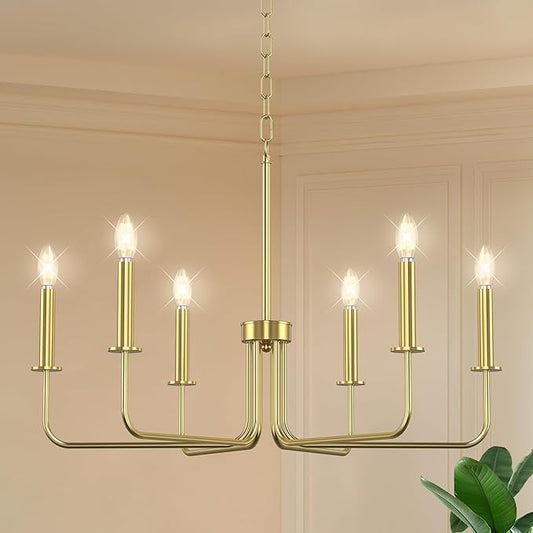 Farmhouse Chandelier, 6-Light Metal Hanging Ceiling Light Fixture for Dining Room, Kitchen Island, Living Room, Entryway, Foyer-Gold