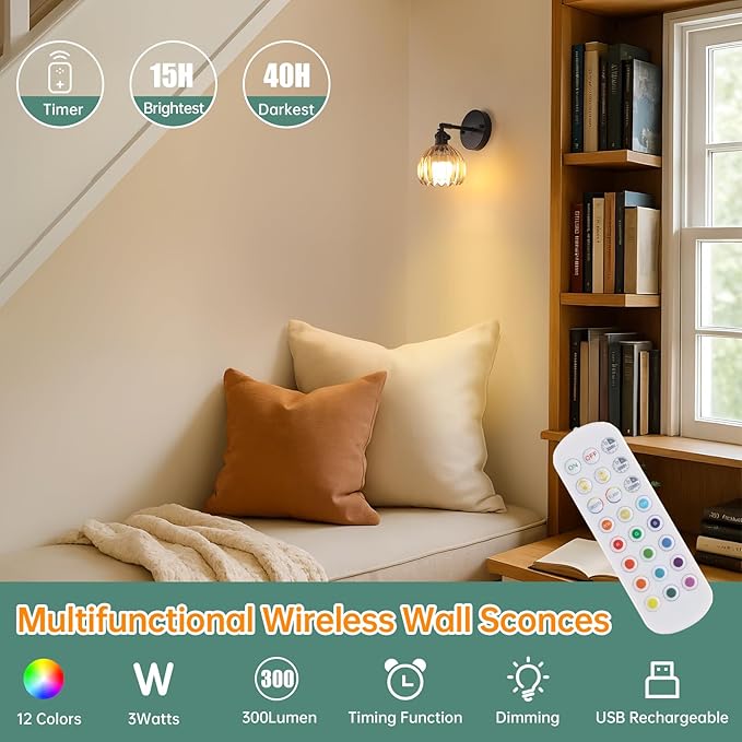 Vintage Battery Operated Wall Sconce with Amber Tulip Glass Lampshade Rechargeable Battery Powered Black Wall Light with Remote Control for Bedside Bedroom Doorway, Set of 2