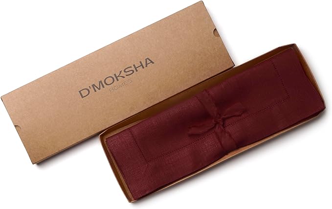 D'Moksha Homes Linen Placemats Set of 4 - Classic Hemstitch Dark Red Placemats 14 x 19 Inch - 100% Pure Linen Table Mats for Winter, Christmas, Holiday - Handcrafted and Machine Washable