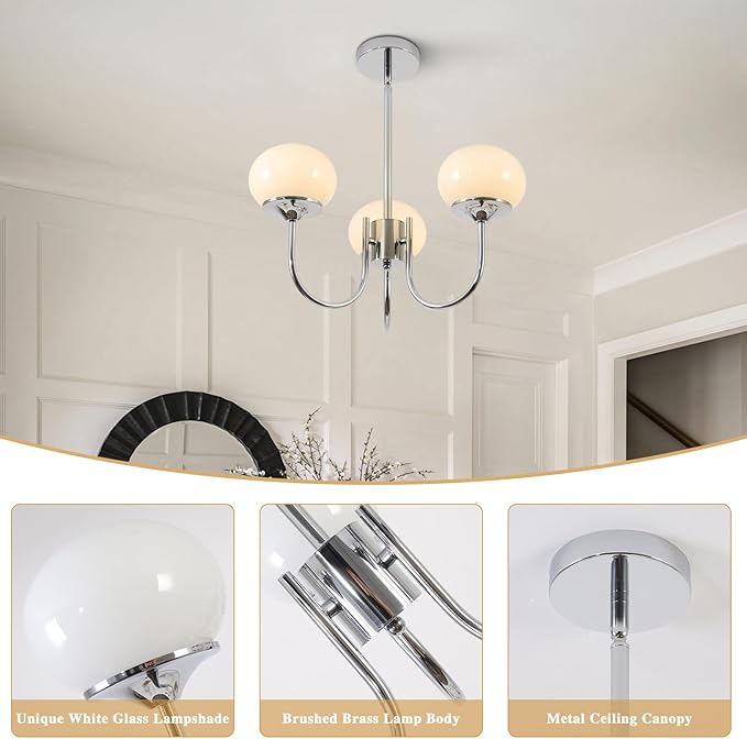 BOKT Modern Sputnik Chandelier 3 Light Glass Globes Silver Chandelier Light Fixture White and Chrome Pendant Lights Vintage Hanging Chandeliers for Kitchen Island Dining Room