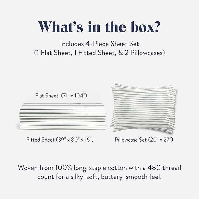 Brooklinen Luxury Sateen 4 Piece Sheet Set - 100% Cotton Bed Sheets, Durable Twin XL Sheets Set in Green Tandem Stripe, Oeko-TEX Certified Bedding Set, 1 Fitted Sheet, 1 Flat Sheet, 2 Pillowcases