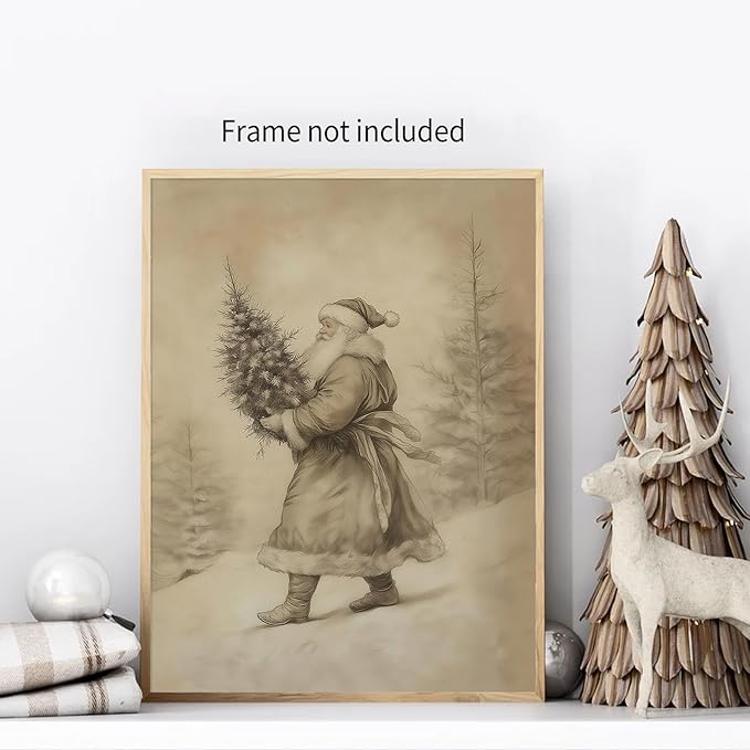 Santa Claus Sketch Poster Vintage Christmas Tree Wall Art Antique Winter Landscape Canvas Pictures Cozy Holiday Wall Decor 16x24 inch Unframed