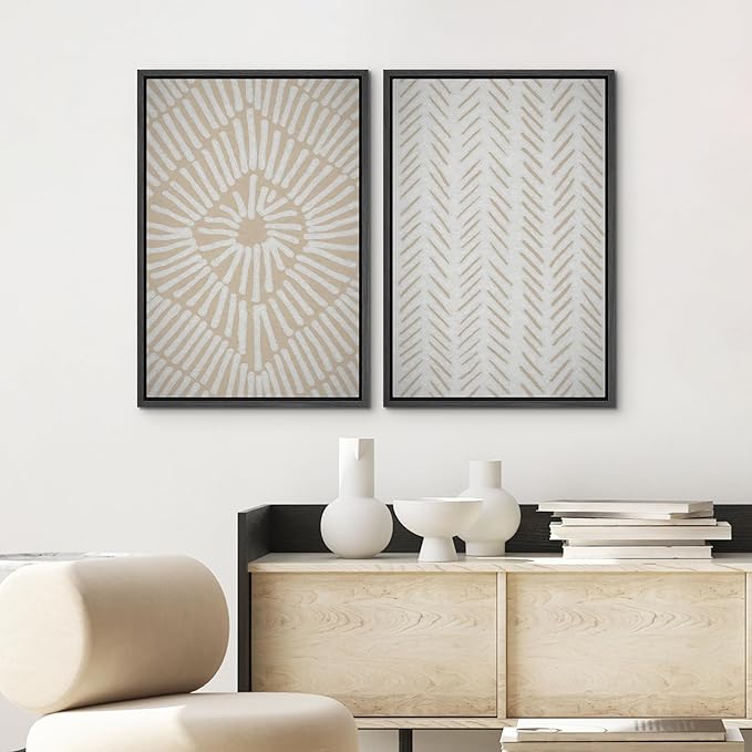 SIGNWIN Framed Canvas Print Wall Art Set Tan White Tropical Geometric Collage Abstract Shapes Cozy Neutral Modern Art Minimal Boho Relax/Calm for Living Room, Bedroom, Office - 24"x36"x2 Black