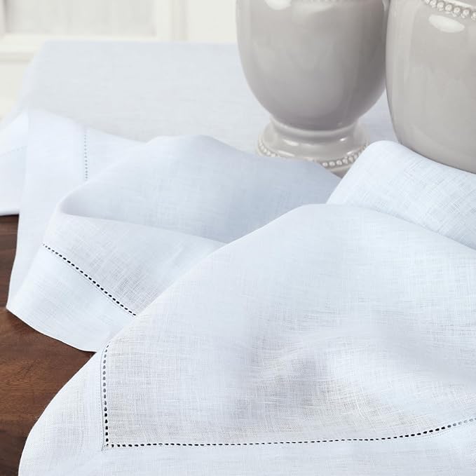 Solino Home Light Blue Linen Tablecloth 60 x 144 Inch - 100% Pure Linen Hemstitch Table Cloth for Rectangle Tables - Classic Hemstitch, Machine Washable Tablecloth