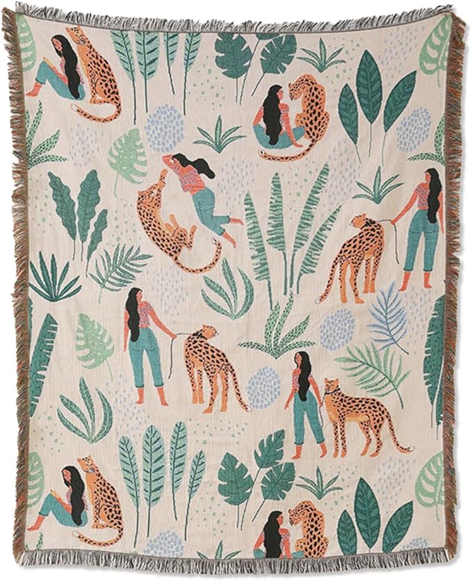 Double-Sided Cotton Woven Throw Blanket with Tassel Jungle Bohemian Style Tapestry Shawl Multi-Function Decorative Throws for Sofa Bed Armchair Camping Blanket Tablecloth Carpet 160x130cm