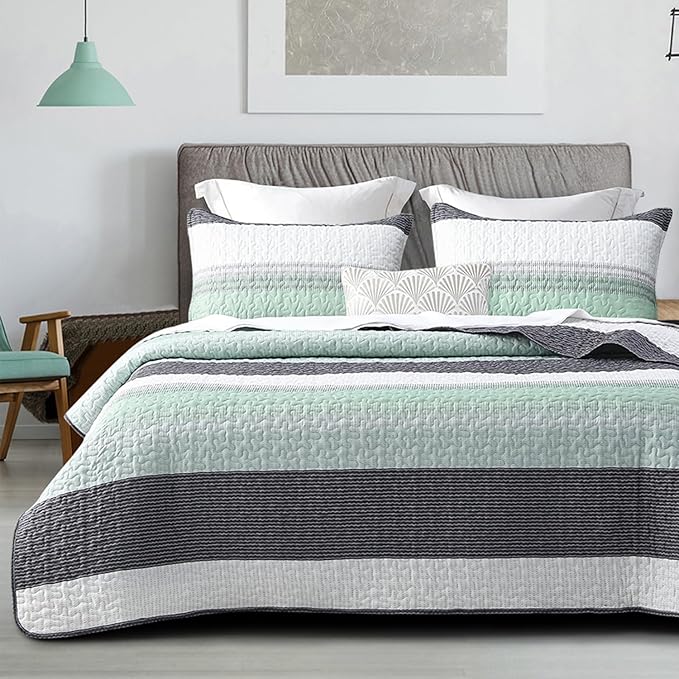 DURLENGEN Striped Quilt Set Queen Size 3Pcs, Bohemian Design with White & Mint Green & Blue & Grey Stripes, All Season Lightweight Bedspread Coverlet Sets(King 106x96,Mint Green)
