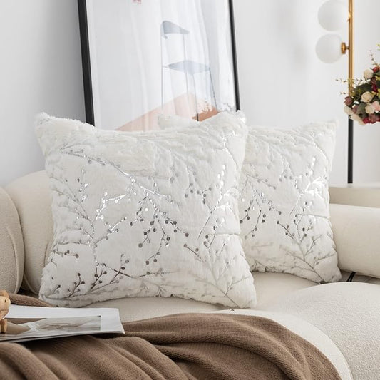 LIGICKY Set of 2 White Fluffy Pillow CoversFaux Fur with Silver Branches Glitter Throw Pillows Decorative Soft Furry Sparkling Square Cushion Cases for Sofa Bedroom Party Décor 12x12 inch