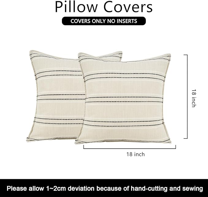 18X18 Decorative Farmhouse Linen Throw Pillow Covers, Boho Textured Pillow Case Set of 2 ,Beige with White & Black Stitch Yarn Dyed Stripe Cushion Cover ,Modern Accent Square Pillowcase for Sofa Couch
