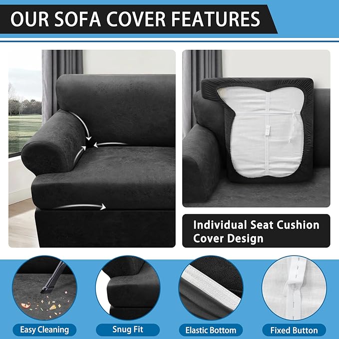 3-Pieces T Cushion Loveseat Slipcovers Leather Look Couch Cover Loveseat Covers for 2 Cushion Couch Furniture Protector Stretch Sofa Cover with 2 Individual T Cushion Seat Covers, Dark Grey