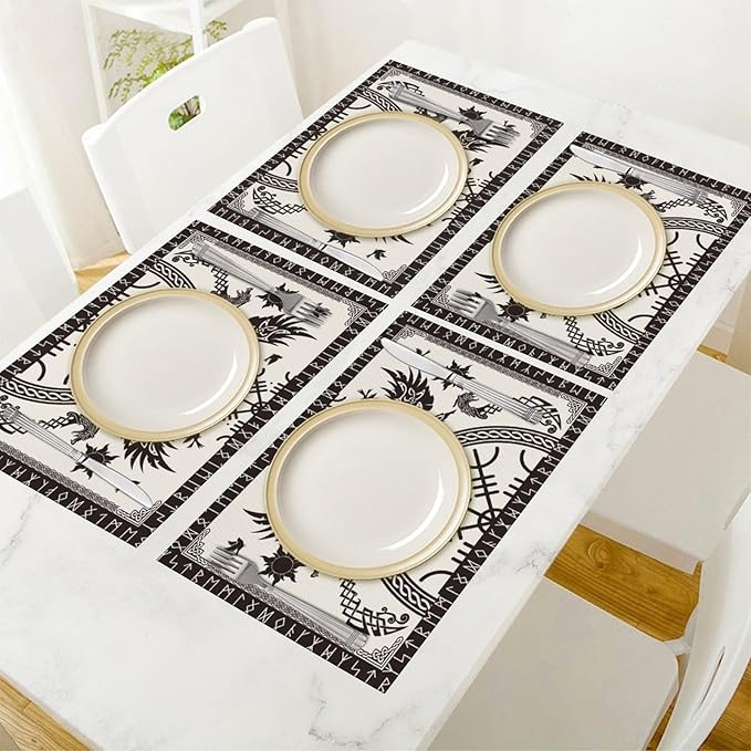 Viking Placemat Set of 4, 12x18 Inch Vintage Tree of Life Nordic Mythology Raven Helmet of Awe Dragon Animal Black Rustic Coffee Table Mats for Outdoor Farmhouse Kitchen Dining Table Decoration