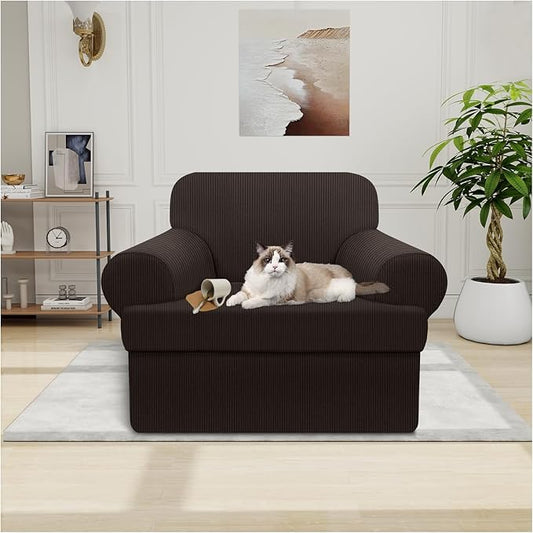 Waterproof Chair Cover with Arms 2-Piece Set Striped Slipcover for 1 Separate T Cushion Couch - TPU Fabric Armchair Covers Leakproof Couch Protector for Kids, Pets(Chair, Coffee)