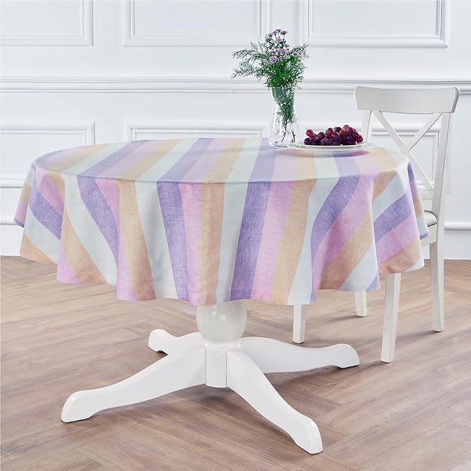 Solino Home Linen 60 Inch Round Tablecloth - 100% Pure Linen Multicolor Gelato Stripe Round Tablecloth - Machine Washable Table Cloth