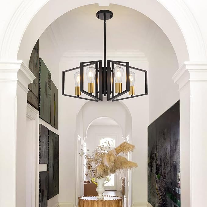 WJShome 4-Light Black and Gold Chandelier, Farmhouse Ceiling Light Fixtures, Dining Room Light Fixtures Over Table, Hanging Geometric Pendant Lights, for Kitchen Island, Bedroom, Foyer, Entryway